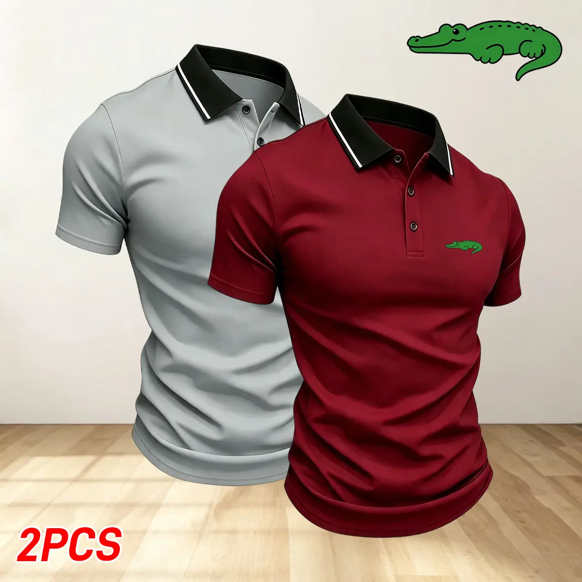 Men’s two-pack solid-color polo shirts with turn-down collar, breathable quick-dry design for golf and casual wear; lightweight, stretchy fabric suitable for summer office wear; crocodile print; comfortable fit, short sleeves.