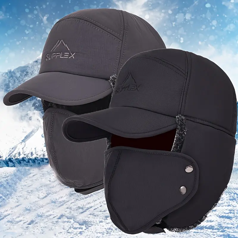 Men Winter Trapper Hat with Ear Flap Thermal Fur Warm Hat Insulated Baseball Cap with Face Cover neck warmth windproof winter hat Protective Cold Weather