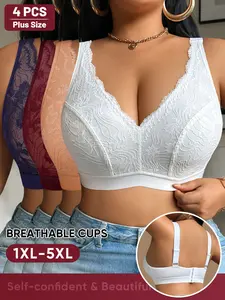 Women's Plus Size Wireless Front Closure Bras, Lace Trim, Embroidery, Elegant Design, Breathable Elastic, Strong Support, Suitable for Heavy Weight