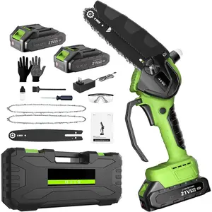 Mini  6inch,  Cordless w Automatic Oiler, Handheld Electric Power Chain  w  Lock, Brushless ,Power Chain Saws for /Trees Trimming (Green - 2 )