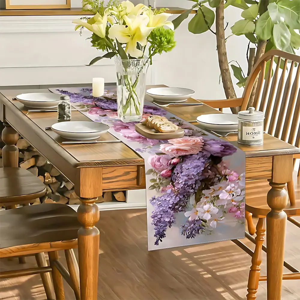 Rectangle Pink-Purple Floral Pattern Table Flag Fabric - High-Quality Festive Decor for Weddings, Restaurants - Available in 13x48in, 13x72in Sizes (Suitable for Kitchen, Dining, Coffee Tables), Wedding Decorations