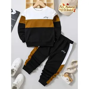 Youngsters's 1-8 Years Old Autumn and Winter Three-color Spliced Long Sleeve Sweater and Pants Set, Perfect for Outdoor