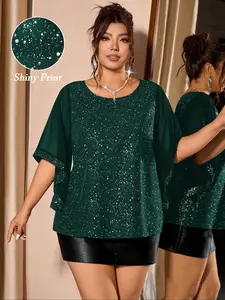 Plus Size Women's Round Neck Batwing Sleeve Sequin Star Print Fitted Top Blouse, American Sexy Party Style Mixed Fabric, Evening Party