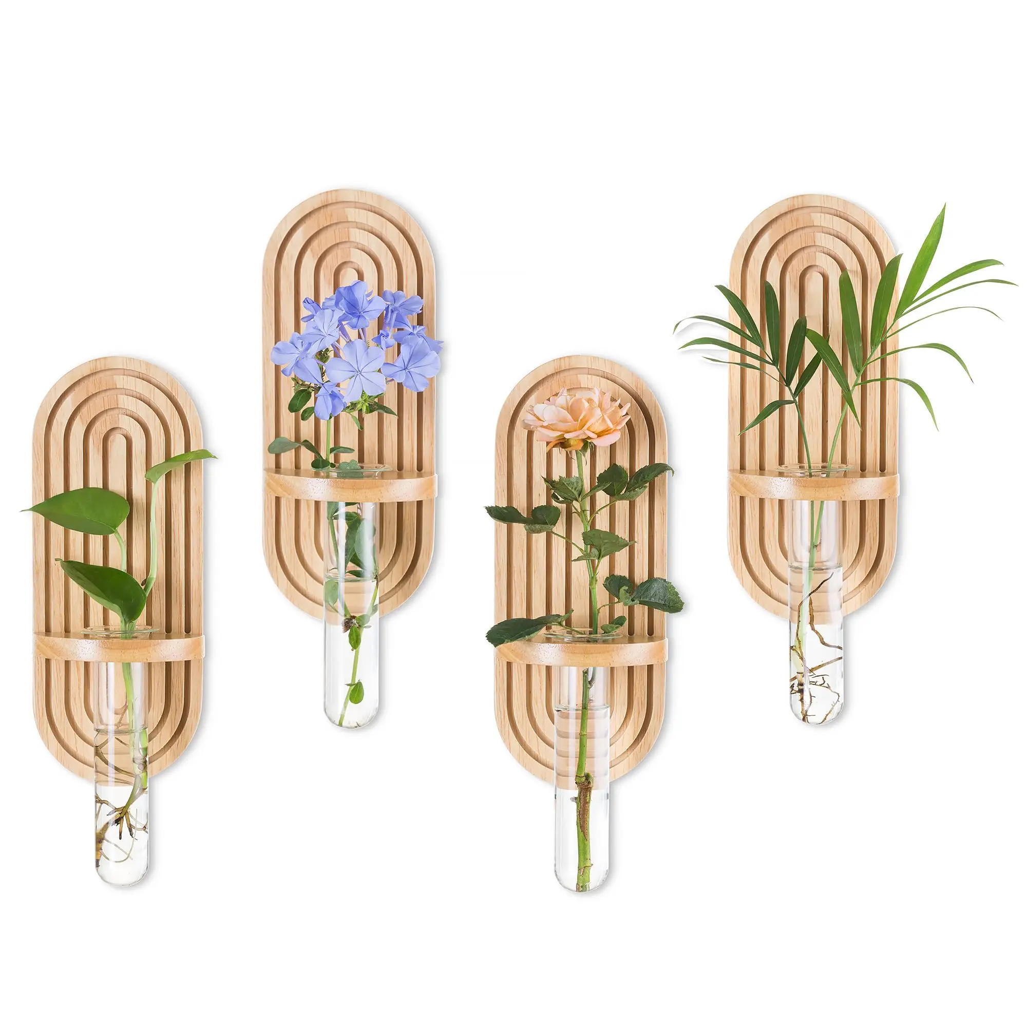 Propagtion Stations for Wall Decor: 4pcs Boho Hanging Glass Propagation Vases for Plants and Flowers - Indoor Wood Wall Planter with Test Tube for Living Room Entryway Office Home Decor summerwins