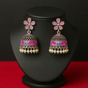 Pink Flower Stud Jhumka Earrings | Enamel & Pearl Indian Jewelry