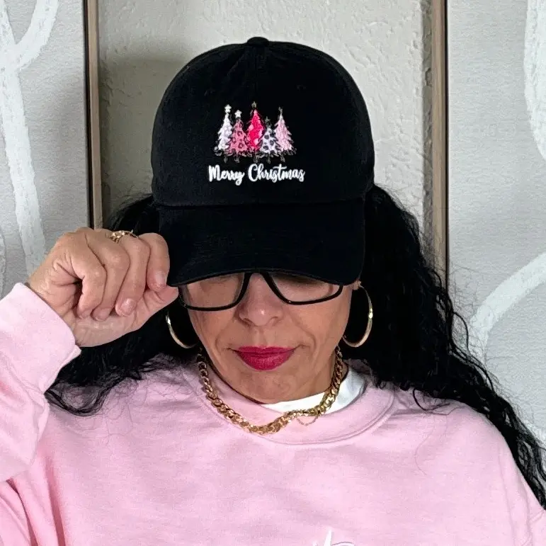 Pink Merry Christmas Tree  Baseball Hat Embroidered Baseball Hat for Christmas Lovers