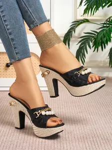 Women's Elegant Pearl Buckle High Heel Sandals, Fashionable Heeled Sandals, Artificial Leather Peep Toe Shoes, Medium Width, Less Than Ankle Height, Fall & Winter Footwear