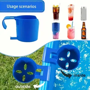 Blue Plastic Pool Storage Rack with Drink Cup Holder & Beer Glass Holder, Durable Summer Poolside Beverage Organizer, Easy Install Outdoor Pool Accessory