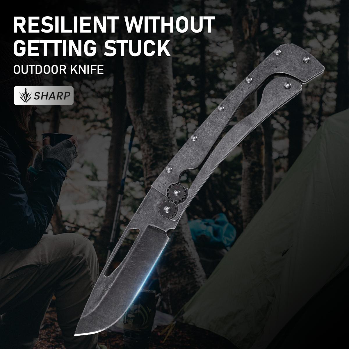 EDC Gear Mechanism Folding Pocket Knife，Tactical Stonewashed Gear Folding Knife, Must-Have Survival Gear for Outdoor Adventures