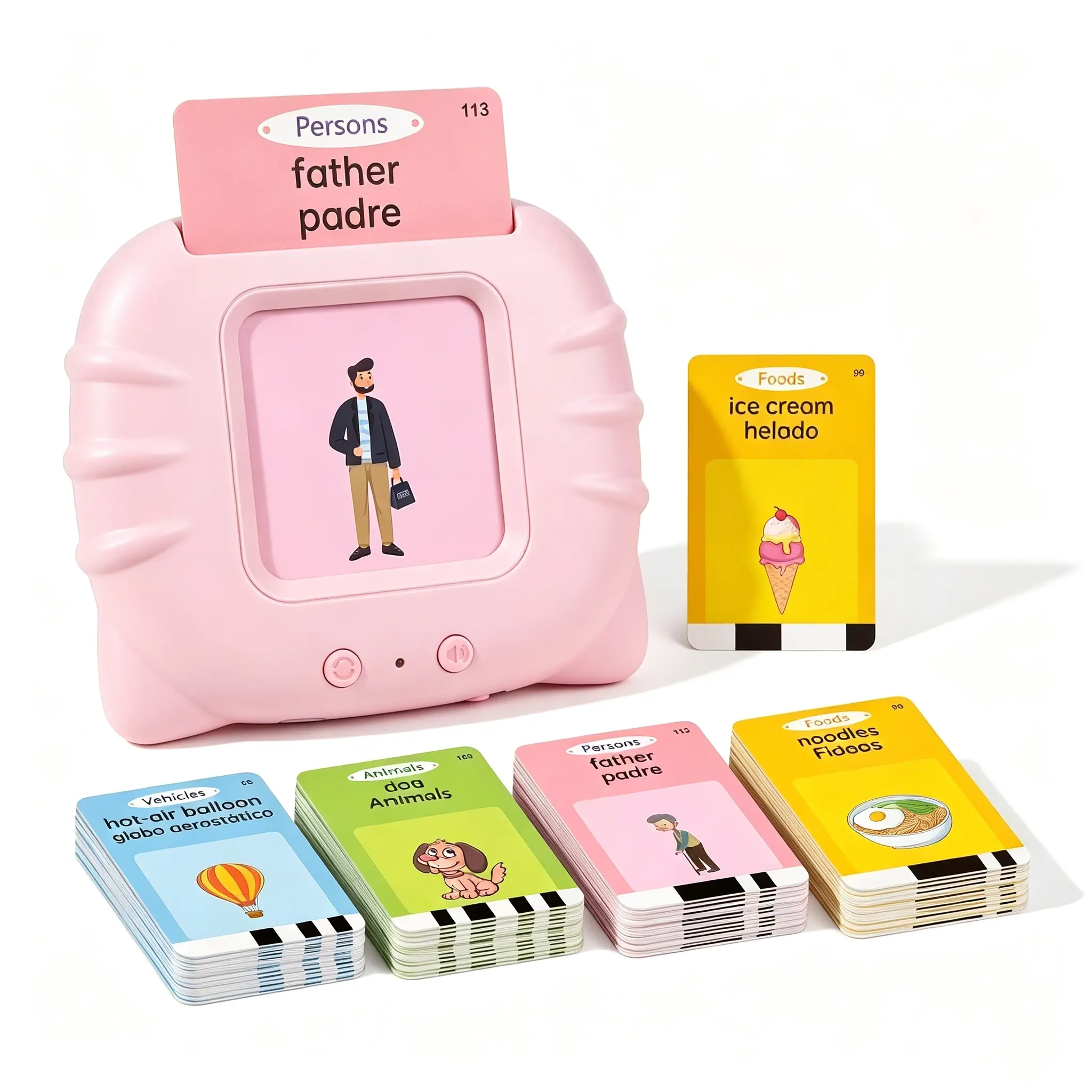 Kids Dual Language Word Reading Device, No-Screen Montessori Learning Toy with English Spanish Audio Flashcards, USB Charged Portable Educational Tool for Preschool Homeschool & Toddler Holiday Gifts Ages 1 to 6