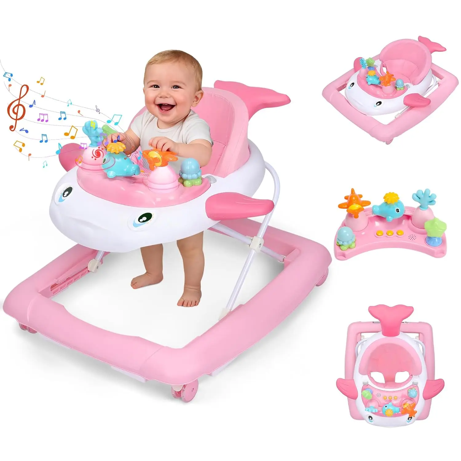 Baby Walker with Wheels, Music and Lights Foldable Baby Walker, 3 Adjustable Heights, Activity Walker for Baby Boy and Girl 6-18 Months