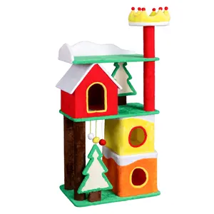 56in Christmas Cat Tree, Cat Climbing Frame with 3 Condos (Including Hidden Condo Shelter), 2 Sisal Ramps, Crown Perch, Hanging Balls, MDF Plush Fabric, Festive Indoor Pet Furniture