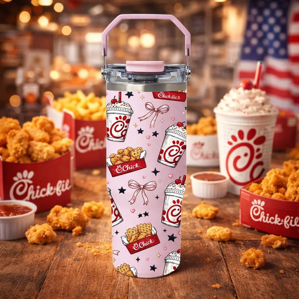 1 Pc 30oz insulated mug, double wall vacuum cup, leak proof lid, hard handle tumbler, hot cold drinks 12h hot 24h cold, large capacity thermal mug, cute fried chicken print, gift for women girls, Insulation Drinkware, holiday drinkware