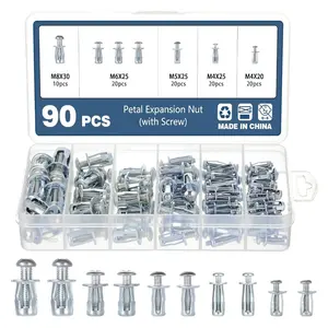 90pcs Jack Nuts Petal Nuts,M4,M5,M6,M8 Expansion Screw Petal Nut,Thins Fixings Dowels with Screws for Tin, Billboard, Cardboard, Aluminium Alloy