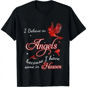 Women'S Lightweight T-Shirt- "I Believe in Angels" Golden Letter Print Casual Top, Red Leaf Pattern Breathable Fiber Daily Shirt,