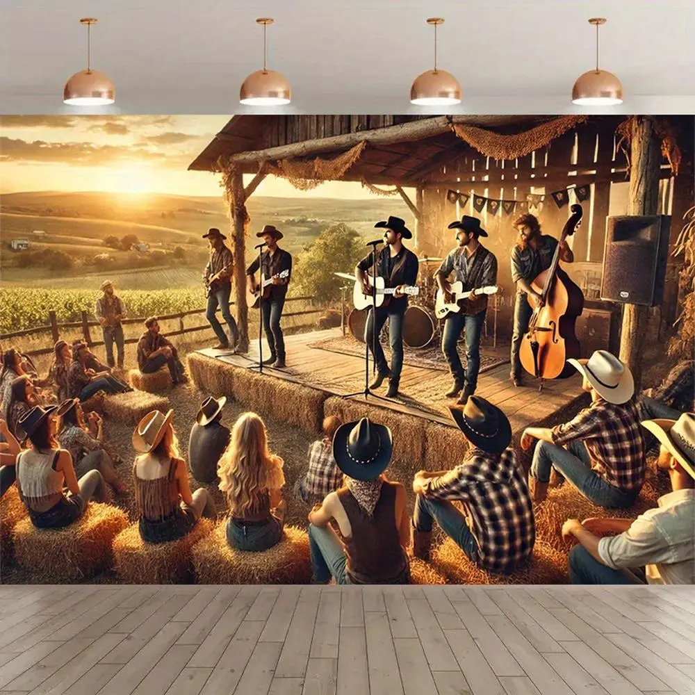 1pc Country Music Live Performance Backdrop - Sunset Scene with Cast & DJ, Indoor/Outdoor Banner Decoration for Parties, Birthdays, Studio Props & Holiday Events, Party Backdrop |   Sunset Im