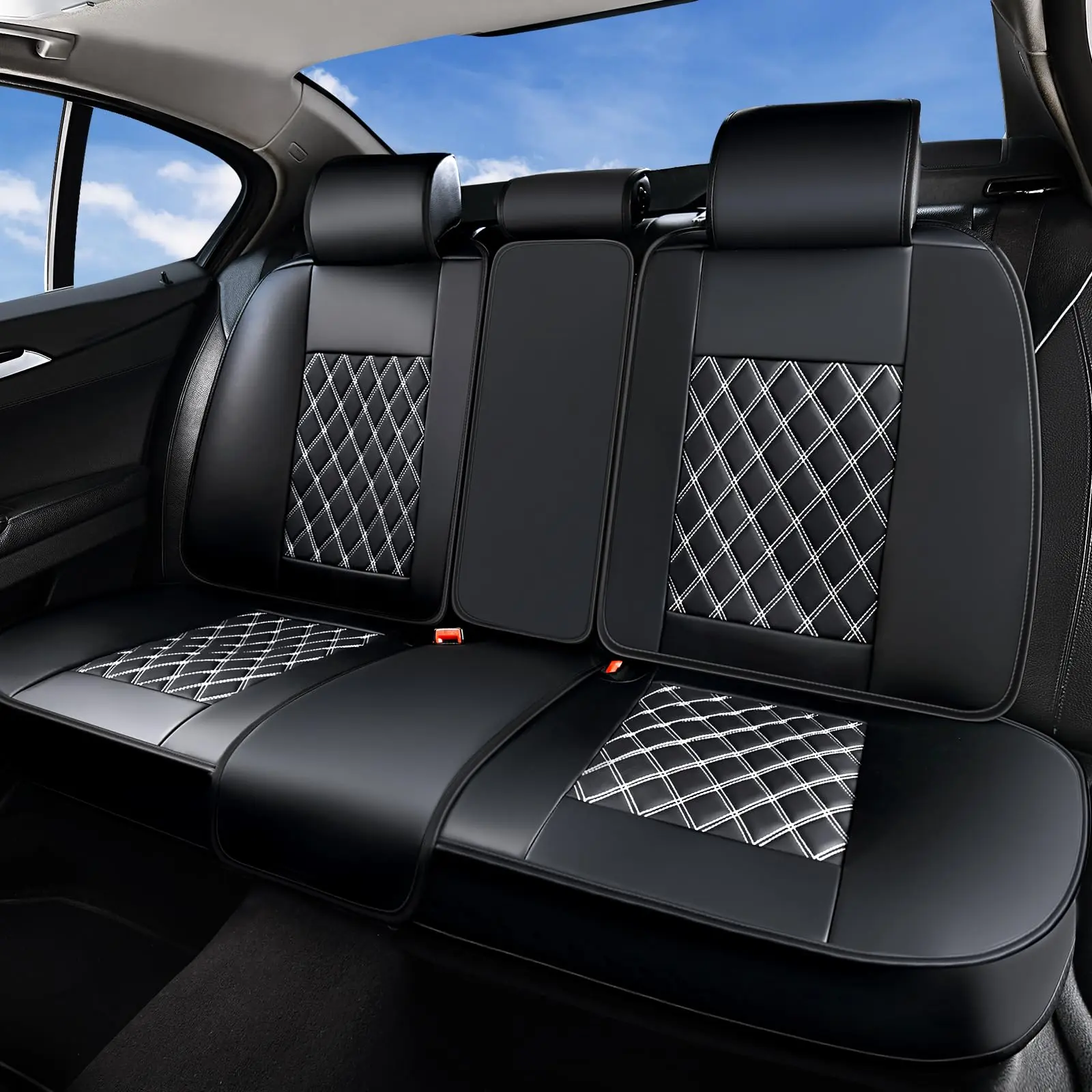 Coverado Rear Bench Car Seat Covers, Waterproof Leather Back Seat Cushion Cover, Back Seat Cover Compatible Universal Fit for Most Cars Sedan SUV Pickup Truck (Back Row/Black&White)