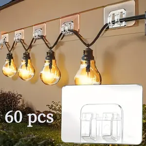 30/60-Pack Transparent Hangable Adhesive Wall Hooks – Weather-Resistant Clear Organiser Hangers for Halloween Decorations, Outdoor String Lights & Home Use