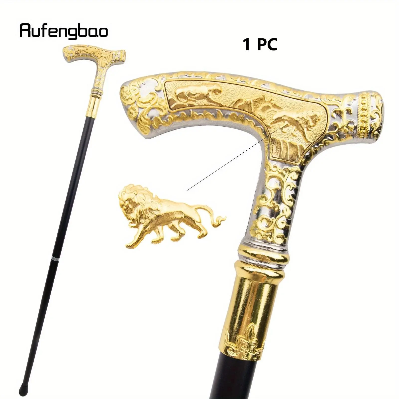 Golden White Lion Luxury Pattern Walking Stick Party Fashion Elegant Walking Stick Decorative Cospaly Cane Knob Crosier 89cm Hiking Stick Hiking Pole