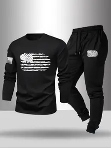 Men's Long Sleeve T-Shirt Pants Set, Spring & Fall Sporty Style, Flag Print Round Neck Tee + Drawstring Casual Joggers, 2 Piece