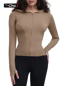 Women's Solid Minimalist Zip Up Hooded Sports Jacket, Sporty Long Sleeve Thumb Hole Outerwear for Gym Workout Running, Ladies Sportswear for All Seasons, Womenswear