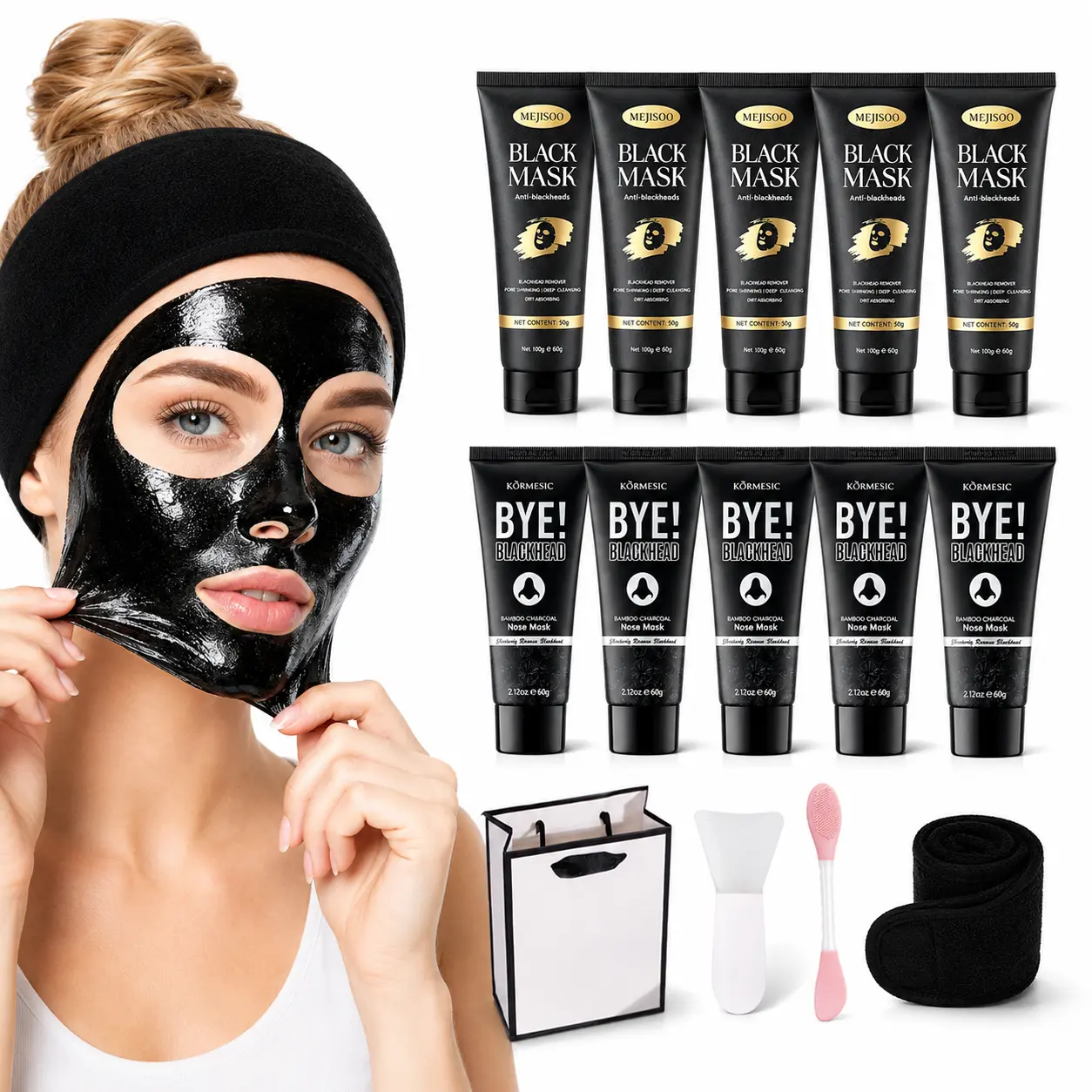 14-Piece Pore Cleansing Peel-Off Mask Kit, Black Face Mask and Bamboo Charcoal Nose Care, 10 Tubes with Headband, Silicone Brush, Spatula and Storage Bag for Face Nose Blackhead Pores, Purifying Pores Improving Rough Nose Skin,For All Skin Types