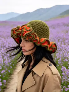Adult Handmade Crochet Knit Beanie Hat with Large Wood Ear Flaps, Ruffled Flower Trim, Leaf Edge Design, Perfect for DIY Crafting Projects