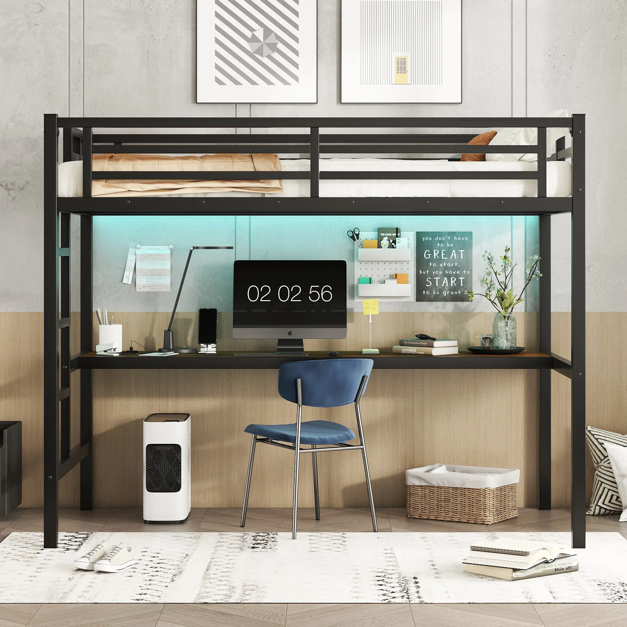 <Bellemave> Glam Solid Metal Twin Bed Frame - Single Indoor Furniture Desk+Bed Bunk Bed with Guard Rails, USB Port Power Outlet, Desk with USB and LED, Noise-Reduction, Elevated Space-Saving Loft & Floating Design, Assembly Required, Light Up Your Space