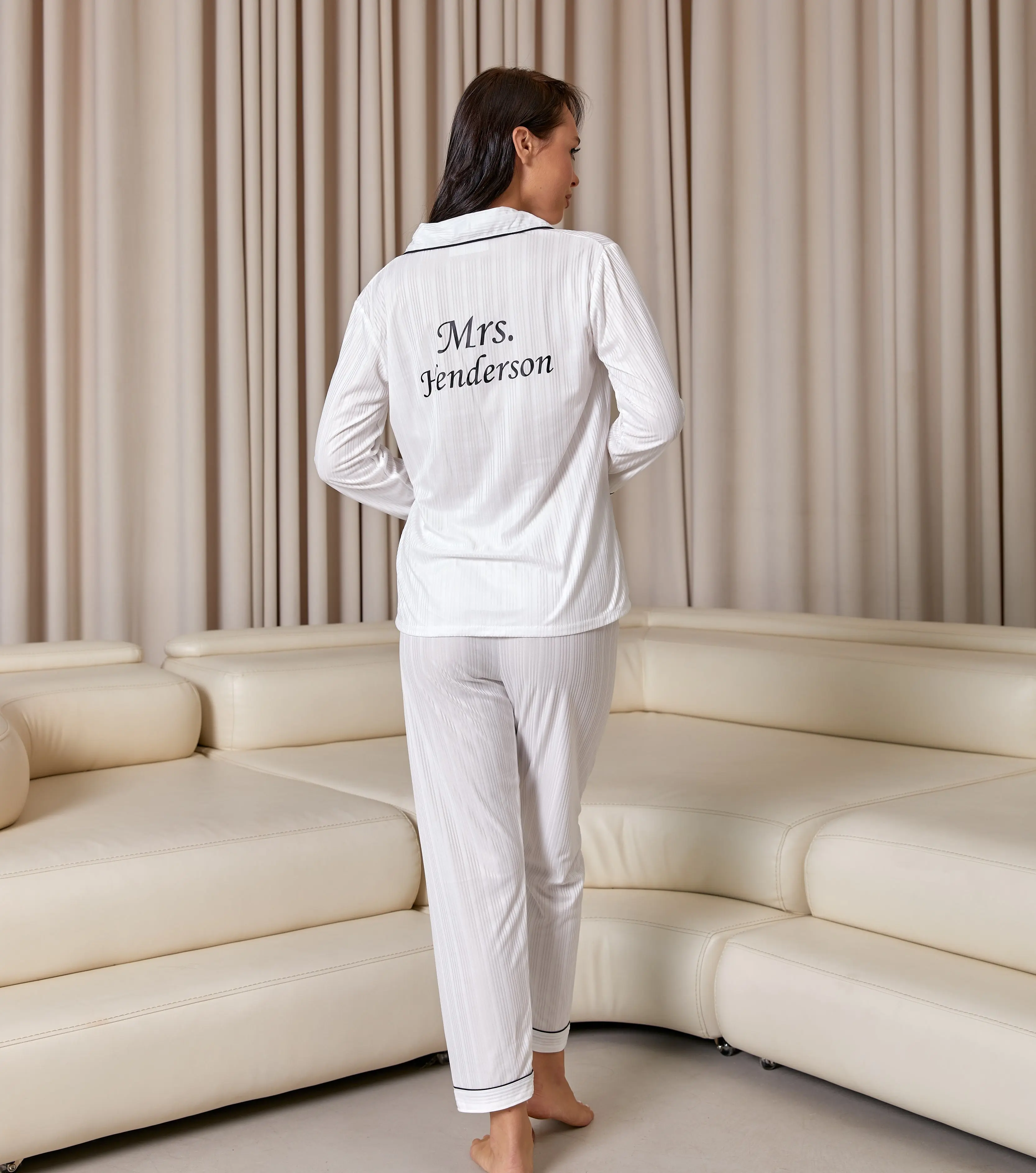 Mrs Bridal White Stipped Trendy Pajama Set