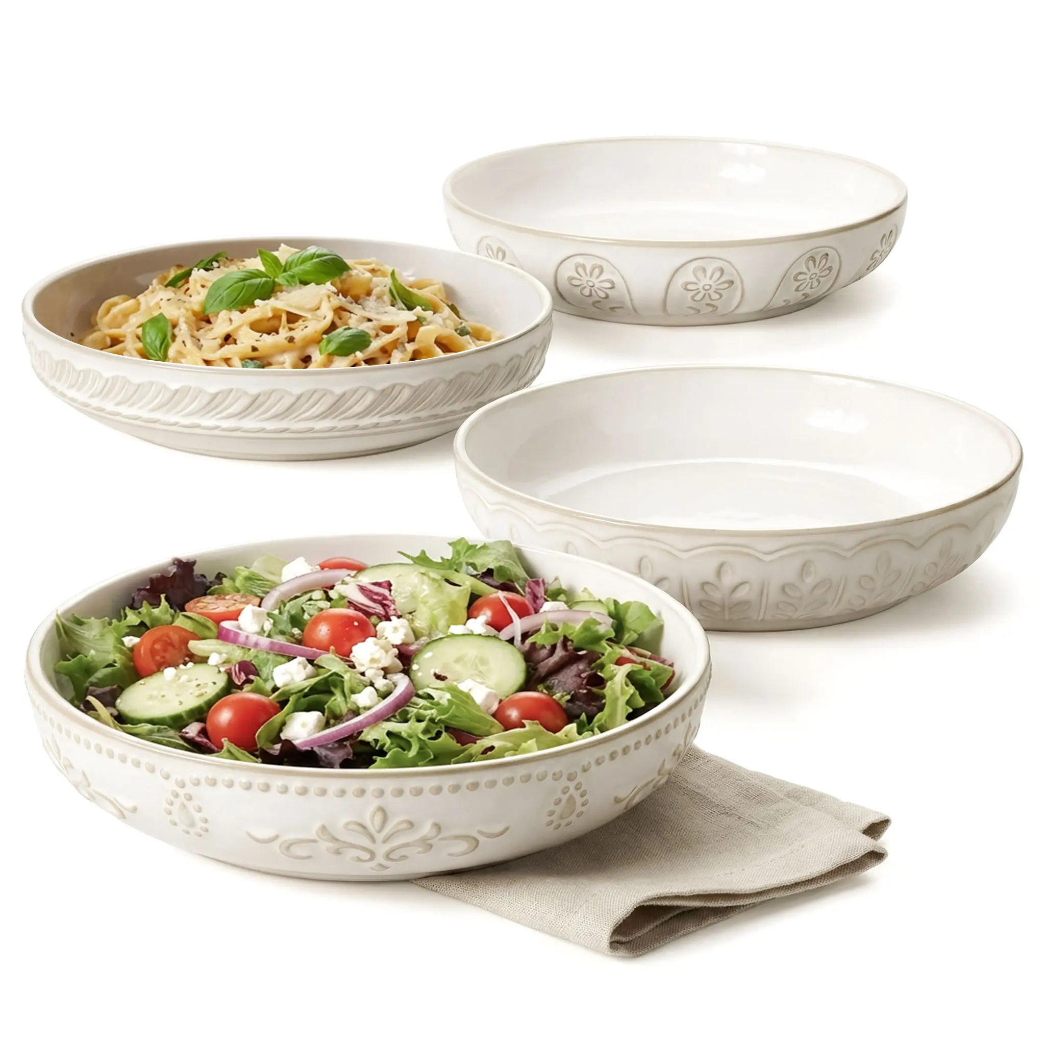 4PCS Ceramic Pasta Bowls - 50oz Large Sturdy Tableware with Multiple Patterns, Microwave, Dishwasher & Oven Safe Salad Serving Bowls