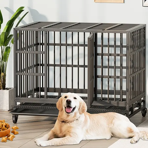 Walsunny 37/47 inch Heavy Duty Steel Dog Crate for Large Dogs with Lockable Wheels and Double Door Design, Escape Proof, Indestructible, Black Enclosure
