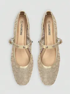 Women's Square Toe Mary Jane Lightweight Flats, Lace/textile Upper, Beaded Buckle, Vintage Style, Breathable Comfort, Versatile Daily Wear