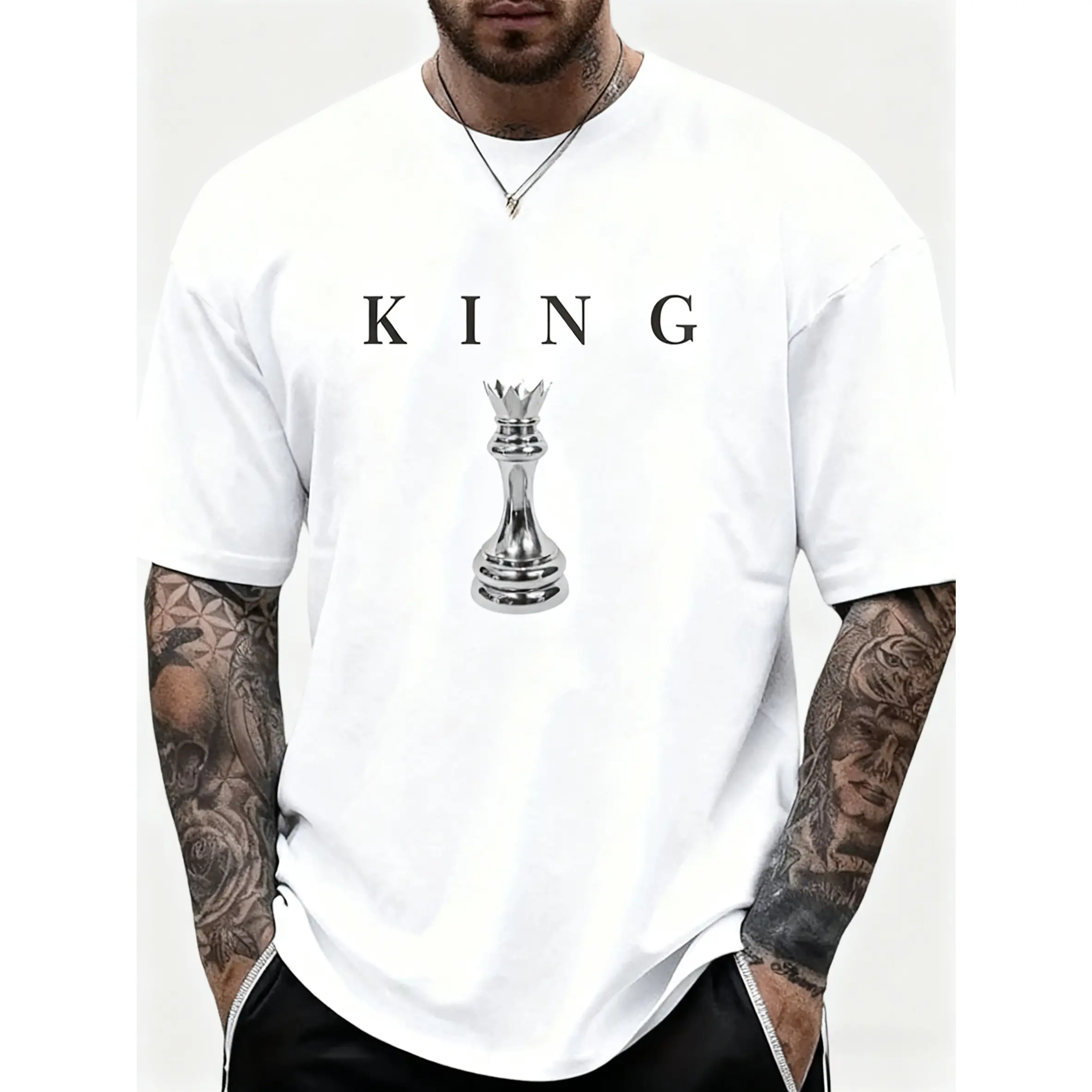 100% Cotton Men's T-shirt, Multi-Color Optional, the King Men's 180G Cotton T-shirt-Black International Chess King Pattern Printing, Casual Short Sleeve round Neck Top