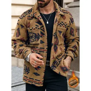 Autumn and winter vintage ethnic style pattern men's personalized jacket top/ printed lapel fleece long-sleeved shirt/ new choice for street business casual personalized wear