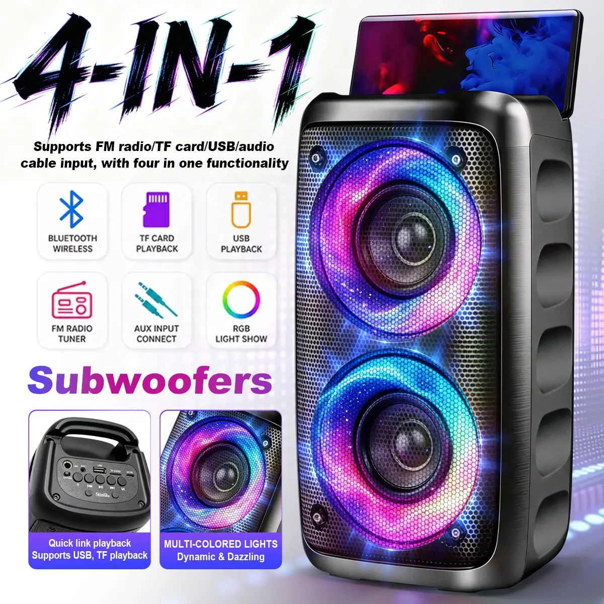 Portable PA amplifier Bluetooth speaker, 4-IN-1 subwoofers, wireless subwoofer, supports FM radio, BT/TWS/USB/TF/microphone input, suitable for JBL home parties, holiday gatherings, dance, loud RGB stereo, ideal holiday gift