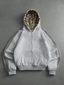 Men's Fleece Hooded Zipper Jacket, Fashion Letter Print Leopard Casual Coat, Long Sleeve Fitted Hoodie with Pockets, Fall & Winter Wear,Winter outfits