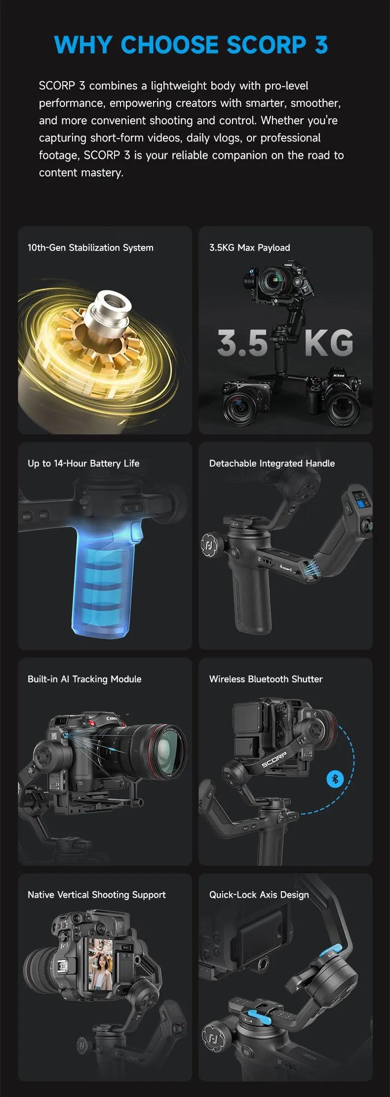 FeiyuTech SCORP 3 Gimbal Stabilizer with AI Tracking, 3-Axis Handheld Stabilizer for Sony Canon DSLR, 3.5kg/7.72lbs Payload, Detachable Wireless Remote Control Handle for Solo Filmmaking