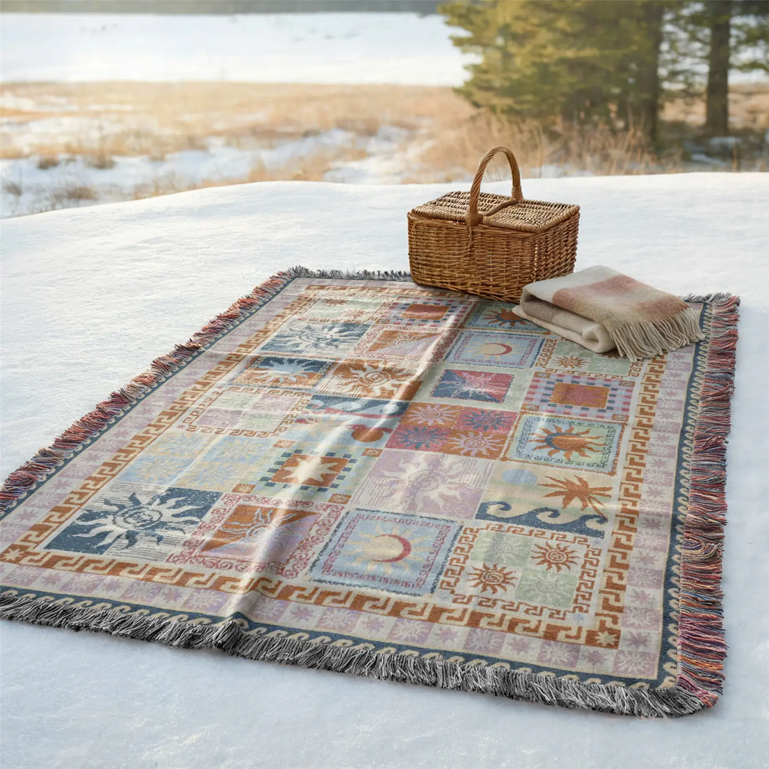 Yarn Woven Picnic Blanket with Tassel, Outdoor Picnic Blanket, Camping Gear, Spliced Geometry Pattern, Soft and Breathable, Multi Purpose for Travel, Camping, Shawl, Beach Towel, Indoor Bohemian Decoration, Bed Blanket, Sofa Towel, Tablecloth