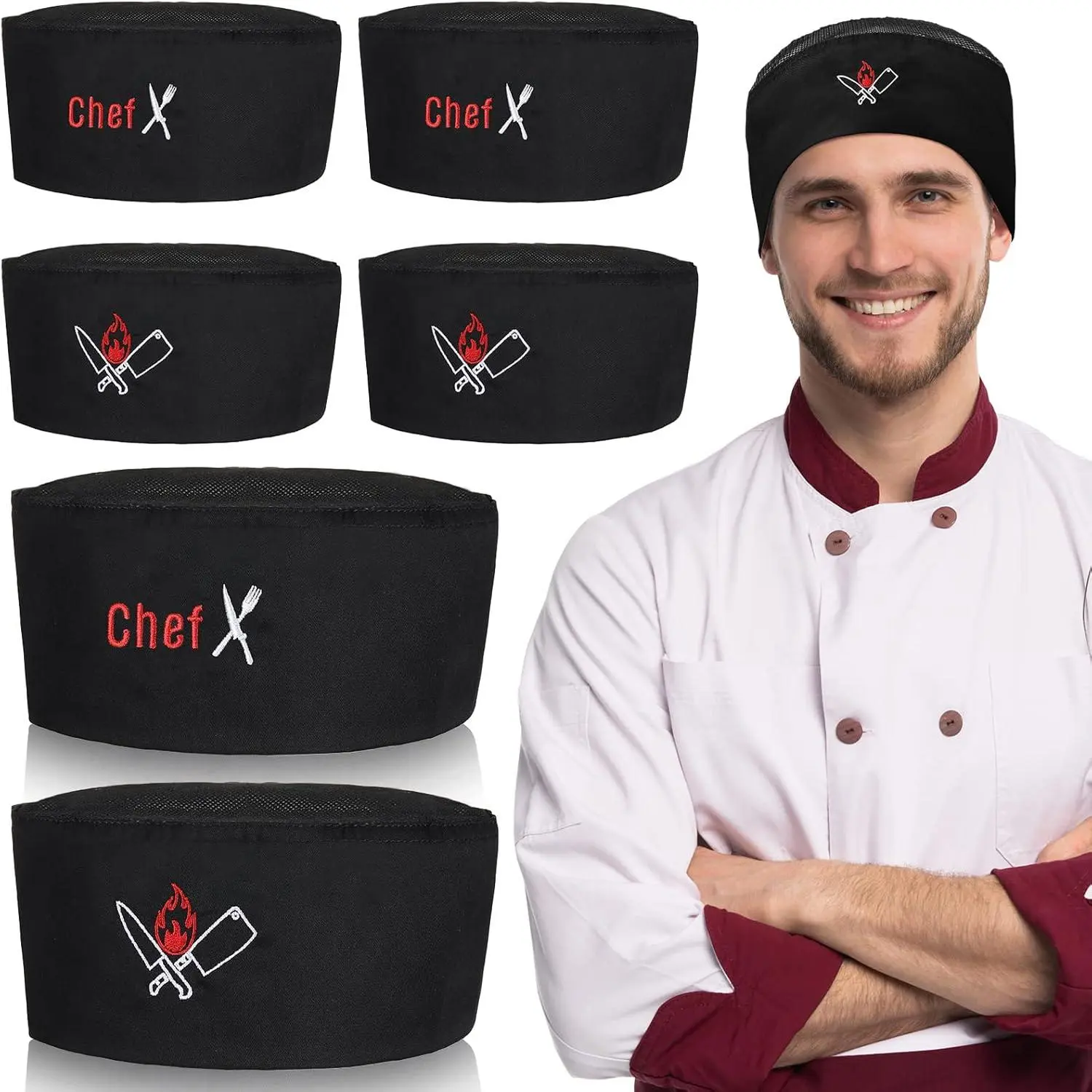 6-Piece Unisex Breathable Mesh Top Chef Hats, Elastic Skull Fabric Food Service Hats for Men & Women, Black Kitchen Cooking Beanies, Food Service Hat