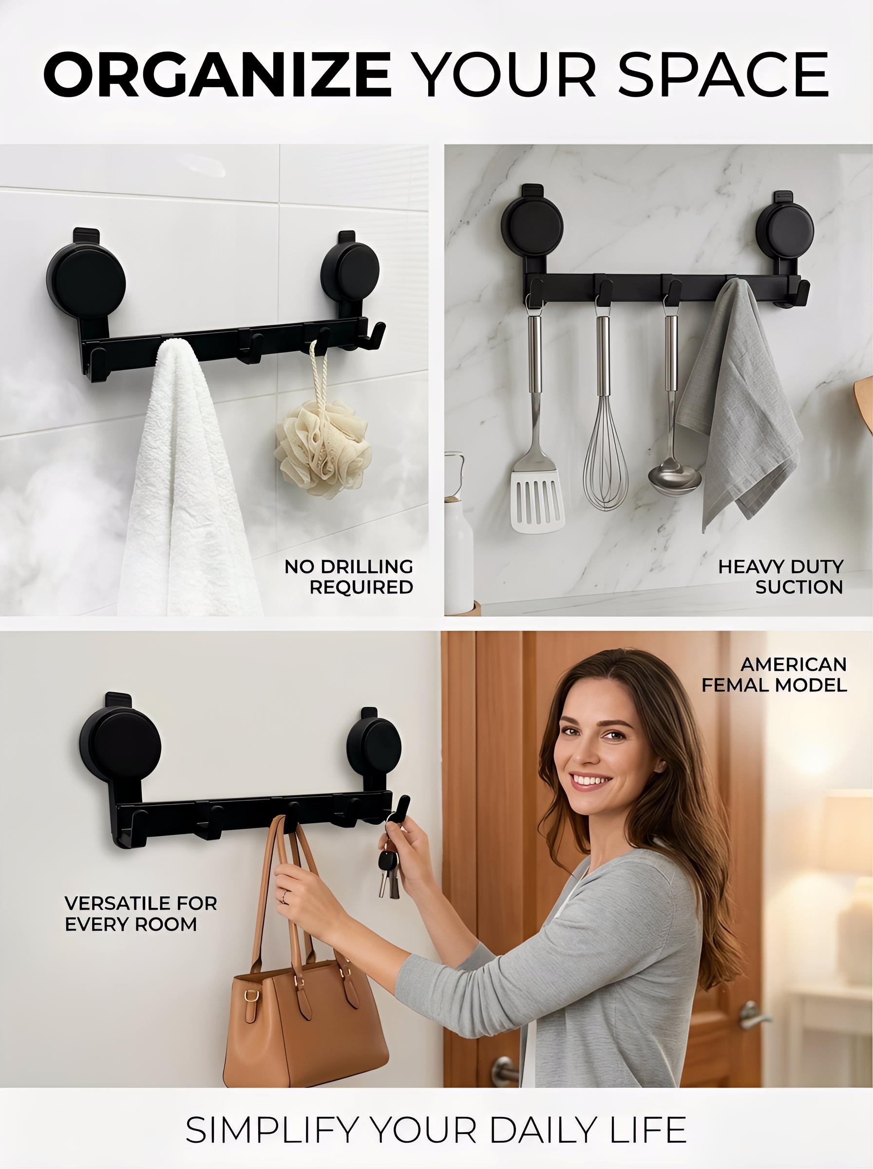 Suction Cup Hook Rack, No Drill Heavy Duty Organizer, Waterproof Wall Mount Hooks for Bathroom & Kitchen