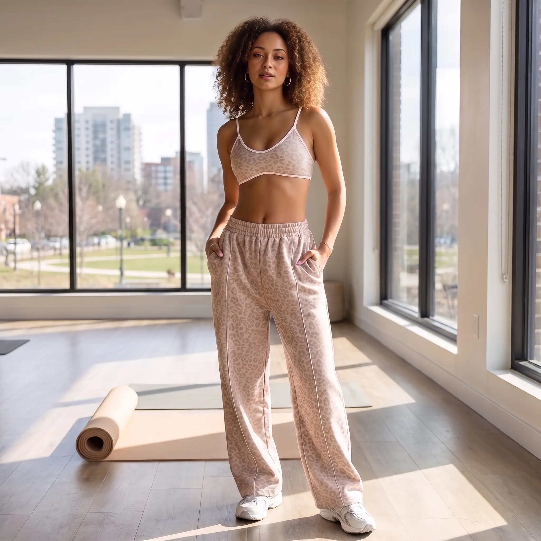 ： Women's Leopard Print Wide Leg Sweatpants Set, High Waisted Loose Track Pants and Crop Sports Cami Top, Y2K Streetwear Casual Loungewear Matching Outfit