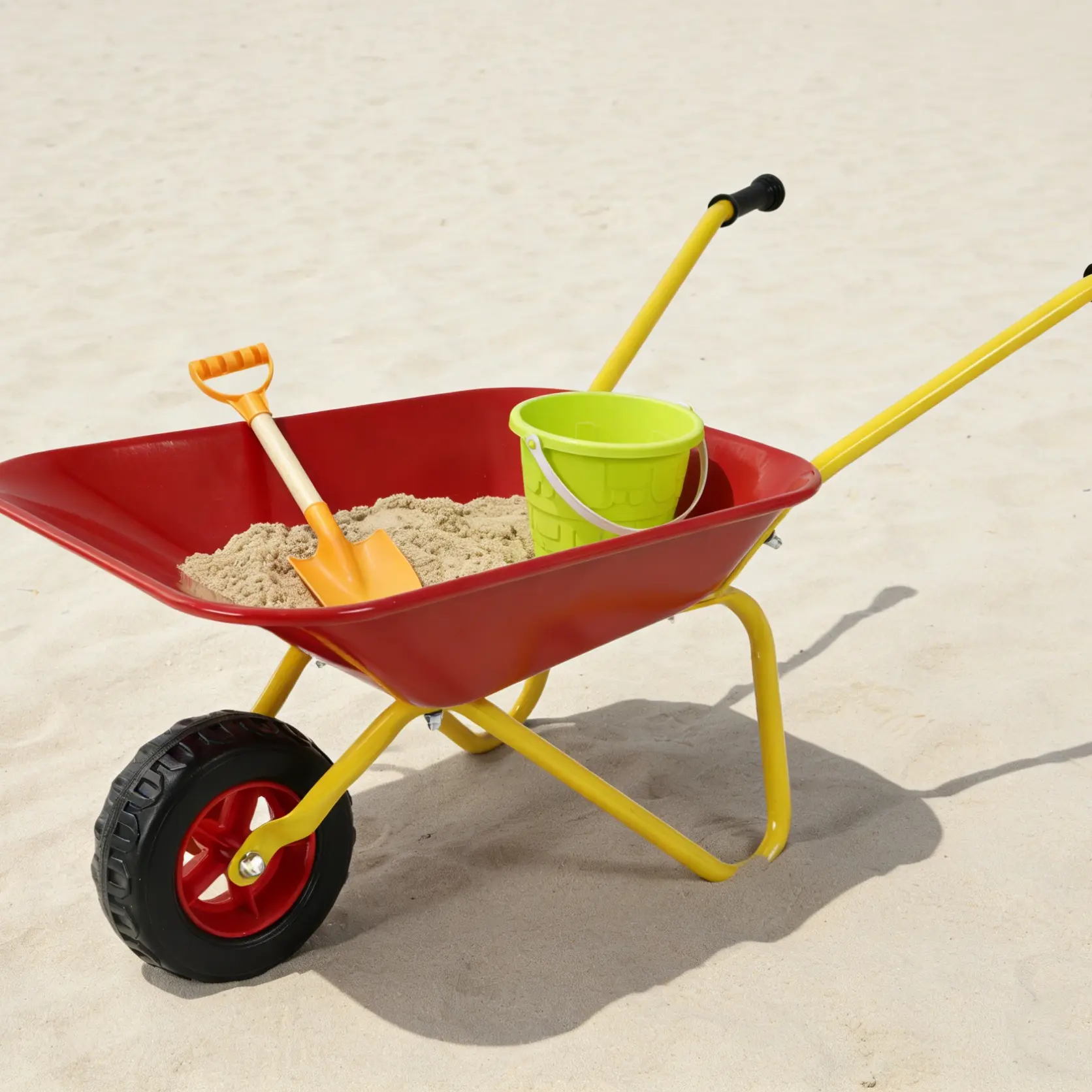 Children's Metal Wheelbarrow with 33LBS Load Capacity Bright Red Tray for Gardens Soil Sand etc Ideal for Indoor Outdoor Use Portable Cart