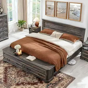 Queen Bed Frame with Storage Headboard and Stool - Rustic Style