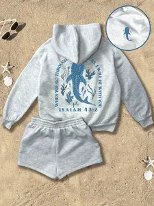 Women's Summer 2-Piece Set Outfit Womenswear, Casual Street Style Fit Adjustable Drawstring Hoodie Top + Simple Versatile Drawstring Shorts, Ideal for Daily Wear and Outdoor Activities
