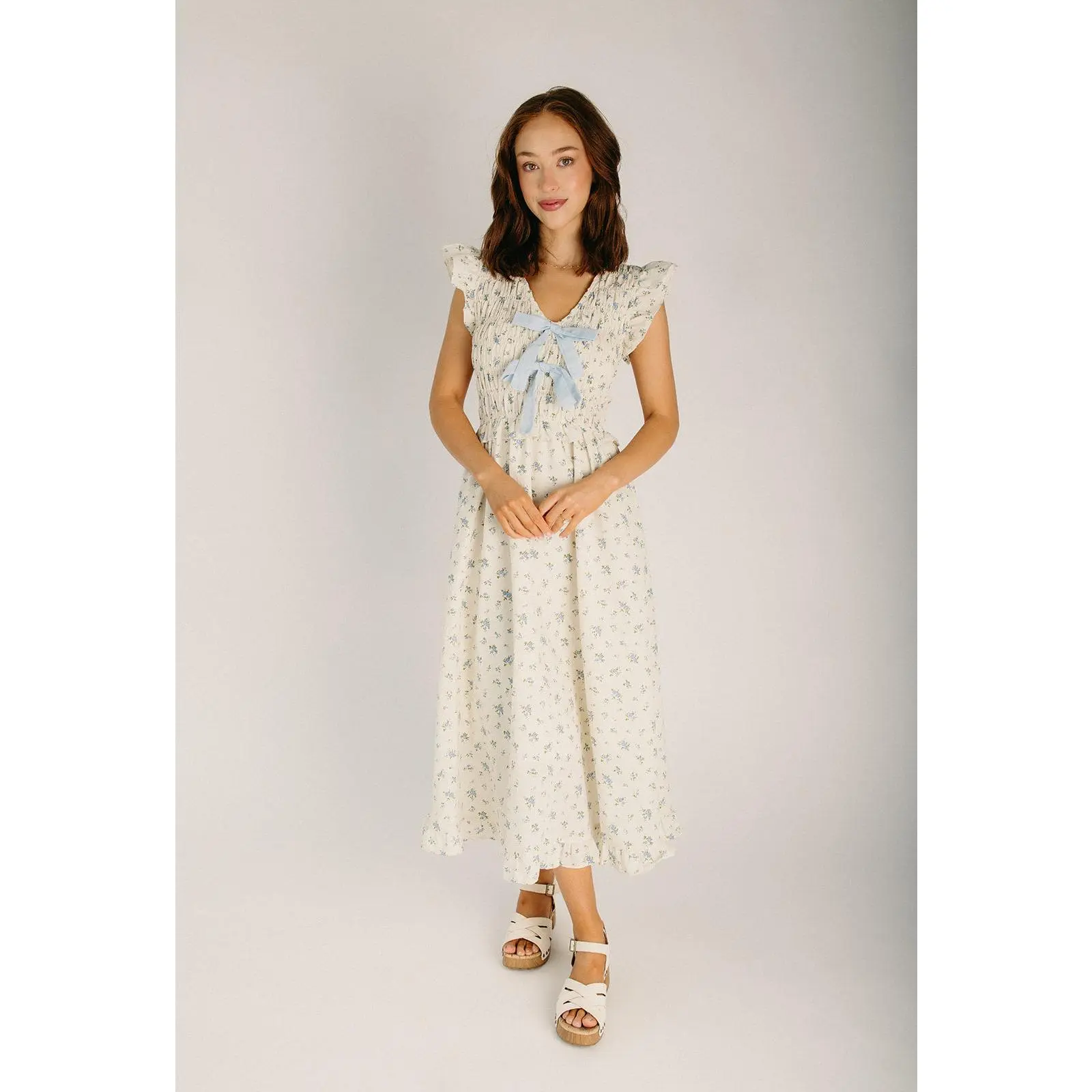 The Marni Smocked Bodice Floral Midi Dress in Cream + Blue