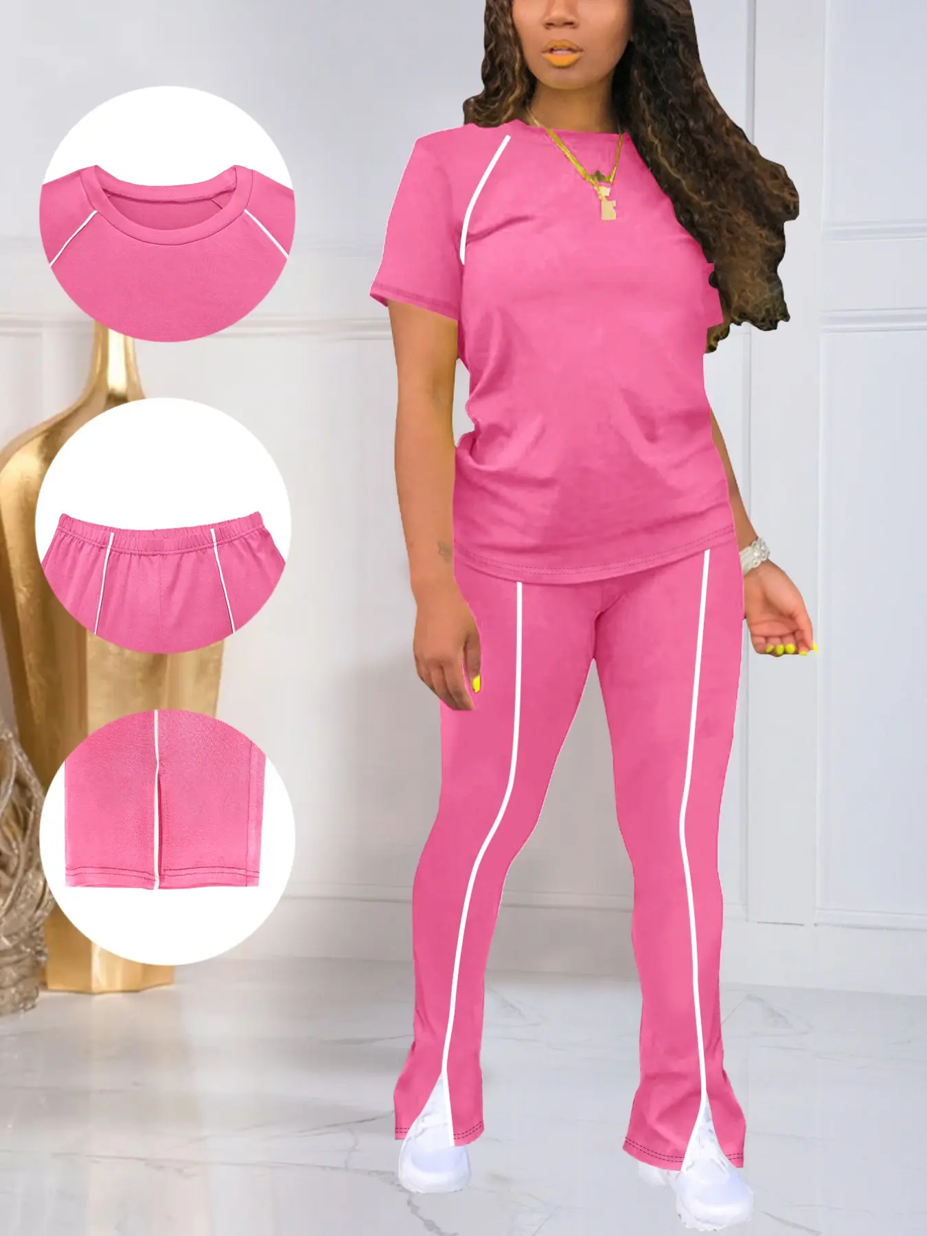 Women's Summer Round Neck Short Sleeve Fitted Pants Set Outfit, Summer Knit Set, Stretchy Outfit Sets, Classic Solid Color Basic Casual Wear Lightweight Clothes, Striped Sleeve Design for Relaxed Style, Womenswear