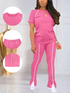 Women's Summer Round Neck Short Sleeve Fitted Pants Set Outfit, Classic Solid Color Casual Wear Lightweight Clothes, Striped Sleeve Design for Relaxed Style Womenswear