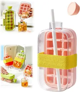 2 in 1 Ice Cube Bottle, Touch-Free Ice Cube Tray Water Bottle，Portable Ice Cube Making Bottle，Press to Release Ice Tray for Home，Outdoor, Office Ice Making (Pink, 500 ML)