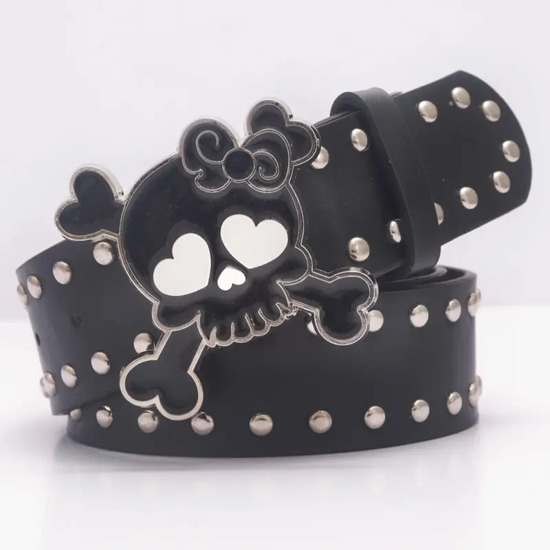 Skull Design Pu Leather Belt, Punk Style Rivet Decorated Belt with Studded Belt Buckle for Women & Men, Fashion Belt for Party, Daily Clothing Decor, Exquisite Belt for Birthday Gift, Stylish Belts, Decorative Belt