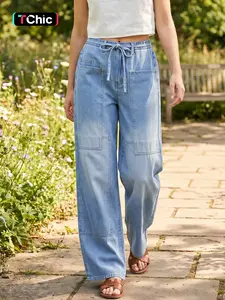 Women's Plain Button Adjustable Tie Waist Drawstring Denim Jeans, Casual Pocket Trousers for Daily Wear, Ladies Bottoms for All Seasons